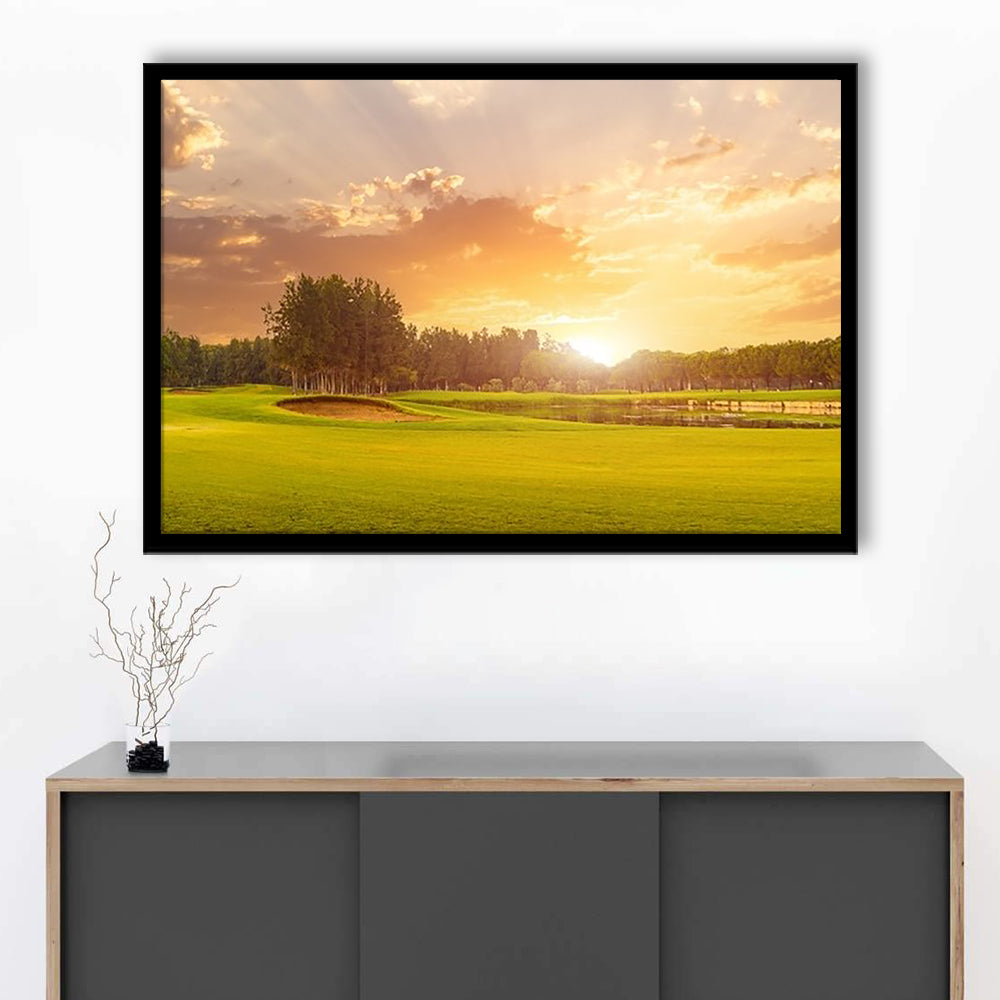 Golf Course At Sunset With Beautiful Sky And Sand Trap, Framed Art Print Wall Decor, Picture Framed