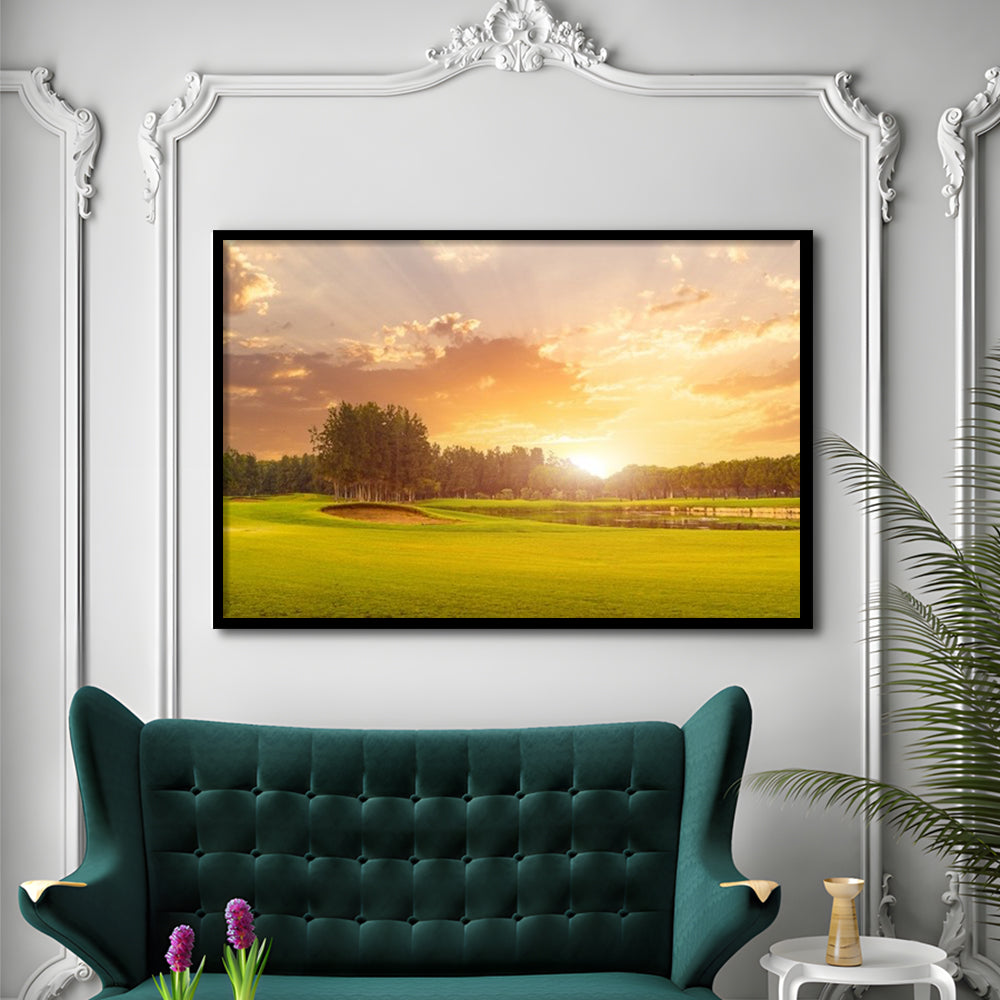 Golf Course At Sunset With Beautiful Sky And Sand Trap, Framed Art Print Wall Decor, Picture Framed