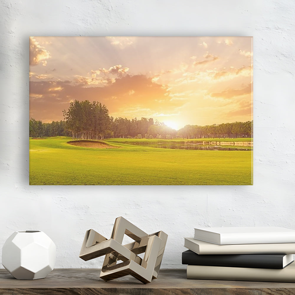 Golf Course At Sunset With Beautiful Sky And Sand Trap, Golf Art Print,Gifts Golf Lover