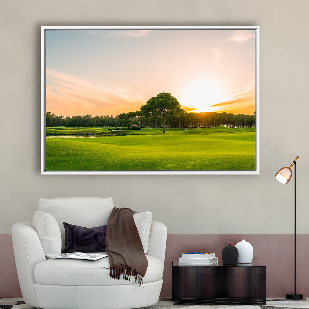 Golf Course At Sunset With Beautiful Sky, Floating Framed Canvas Print Wall Art