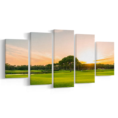 Golf Course At Sunset With Beautiful Sky, Golf Art Print, 5 Pieces Mixed Canvas Print Wall Art