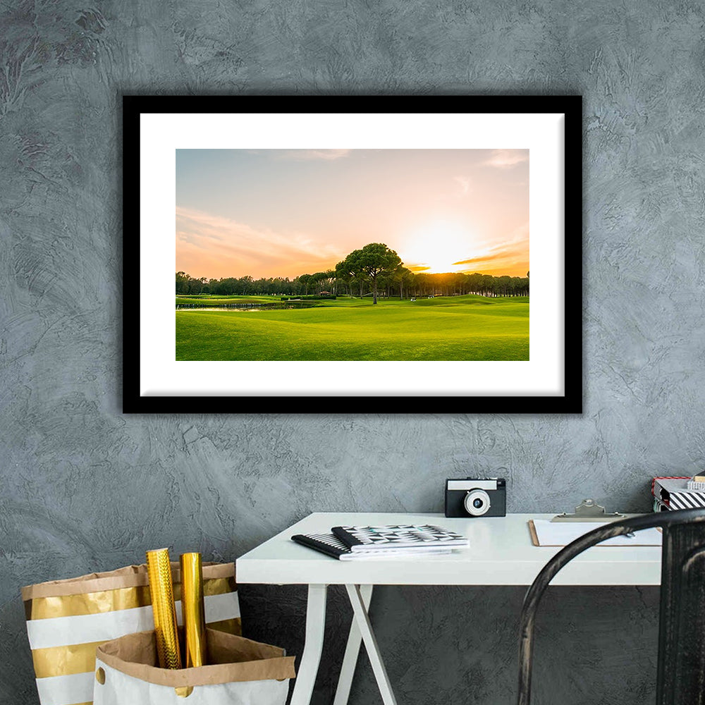 Golf Course At Sunset With Beautiful Sky, Goft Art Print, Framed Art Print White Border Wall Decor