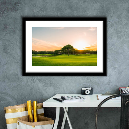 Golf Course At Sunset With Beautiful Sky, Goft Art Print, Framed Art Print White Border Wall Decor
