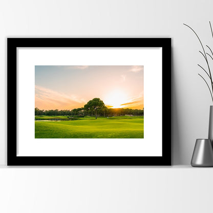 Golf Course At Sunset With Beautiful Sky, Goft Art Print, Framed Art Print White Border Wall Decor