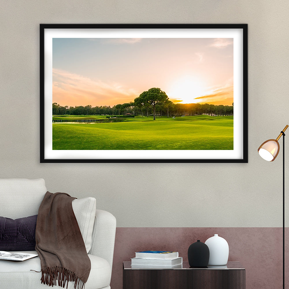 Golf Course At Sunset With Beautiful Sky, Goft Art Print, Framed Art Print White Border Wall Decor