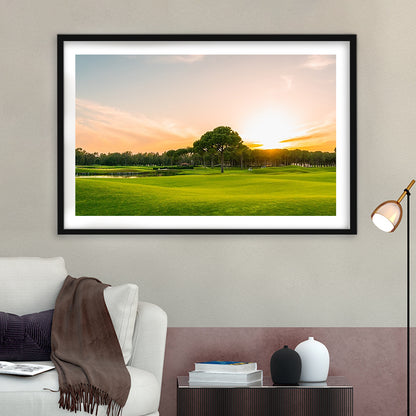 Golf Course At Sunset With Beautiful Sky, Goft Art Print, Framed Art Print White Border Wall Decor