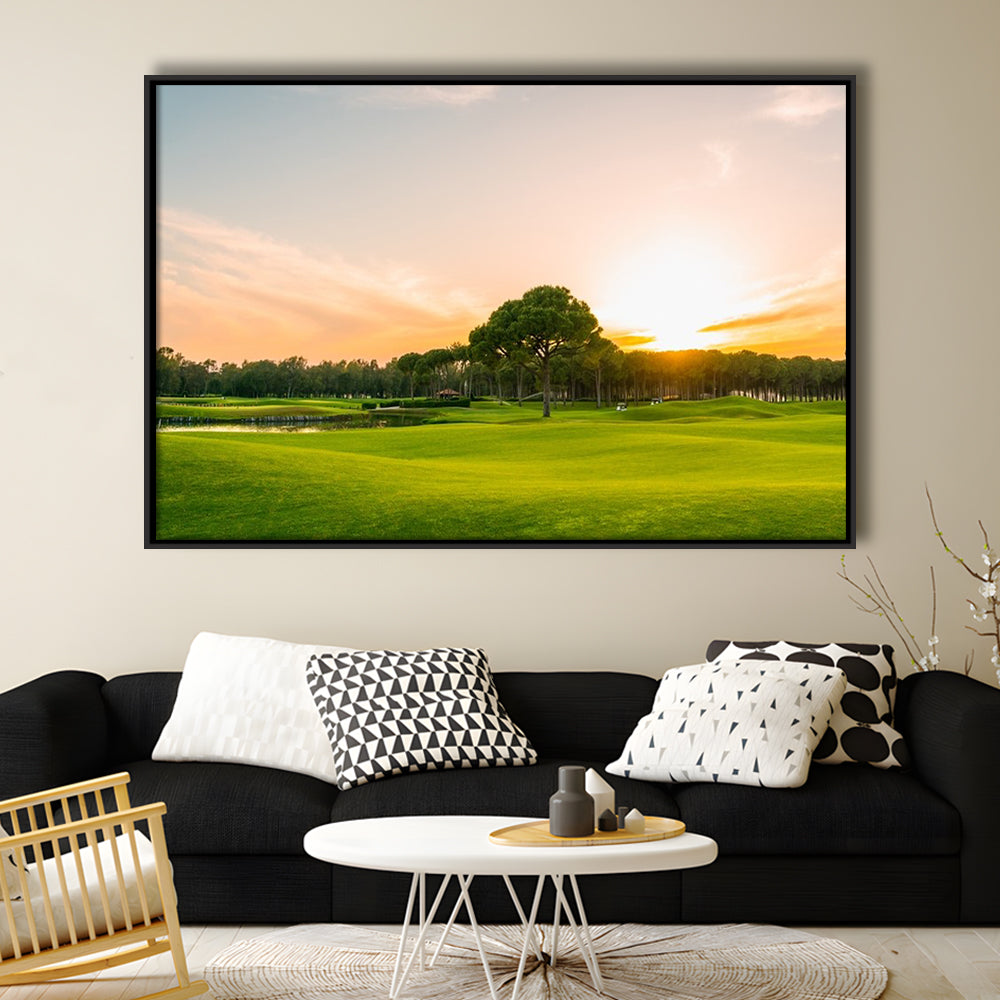 Golf Course At Sunset With Beautiful Sky, Floating Framed Canvas Print Wall Art