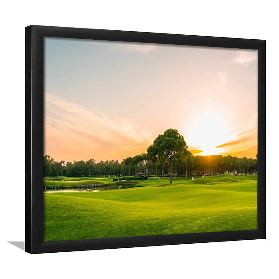 Golf Course At Sunset With Beautiful Sky, Framed Art Print Wall Decor, Picture Framed