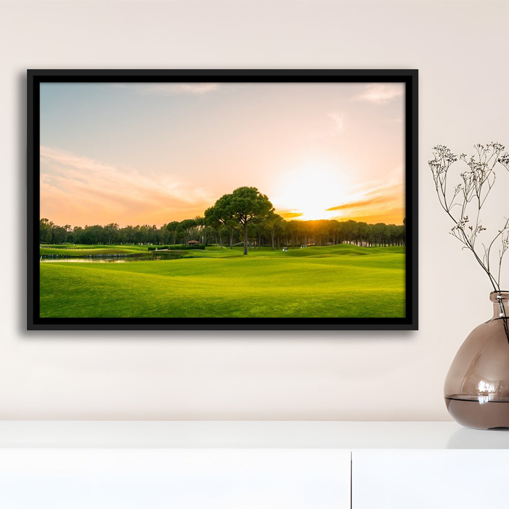 Golf Course At Sunset With Beautiful Sky, Floating Framed Canvas Print Wall Art