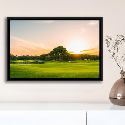 Golf Course At Sunset With Beautiful Sky, Floating Framed Canvas Print Wall Art