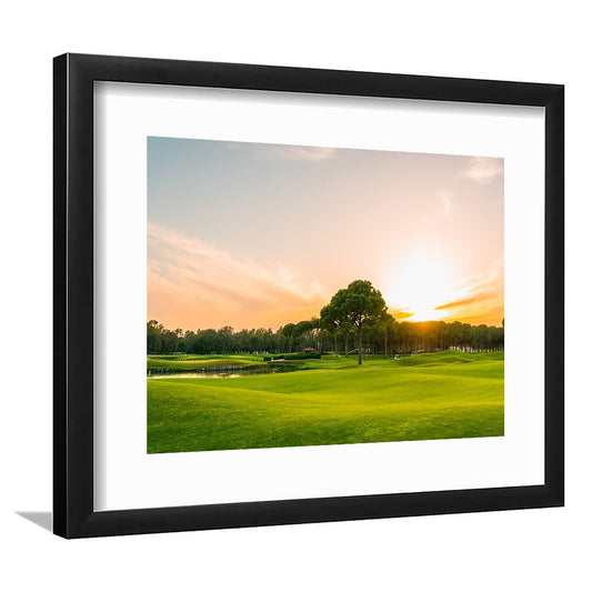 Golf Course At Sunset With Beautiful Sky, Goft Art Print, Framed Art Print White Border Wall Decor