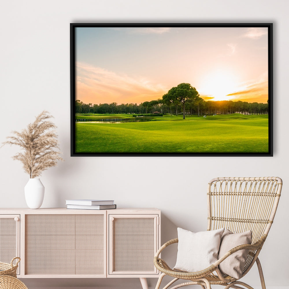 Golf Course At Sunset With Beautiful Sky, Floating Framed Canvas Print Wall Art