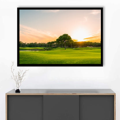 Golf Course At Sunset With Beautiful Sky, Framed Art Print Wall Decor, Picture Framed