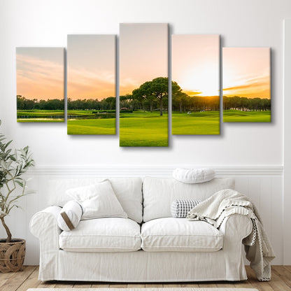 Golf Course At Sunset With Beautiful Sky, Golf Art Print, 5 Pieces Mixed Canvas Print Wall Art