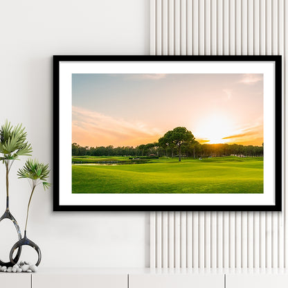 Golf Course At Sunset With Beautiful Sky, Goft Art Print, Framed Art Print White Border Wall Decor
