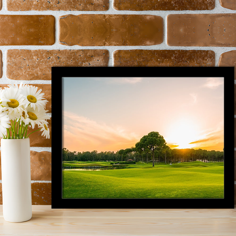 Golf Course At Sunset With Beautiful Sky, Framed Art Print Wall Decor, Picture Framed