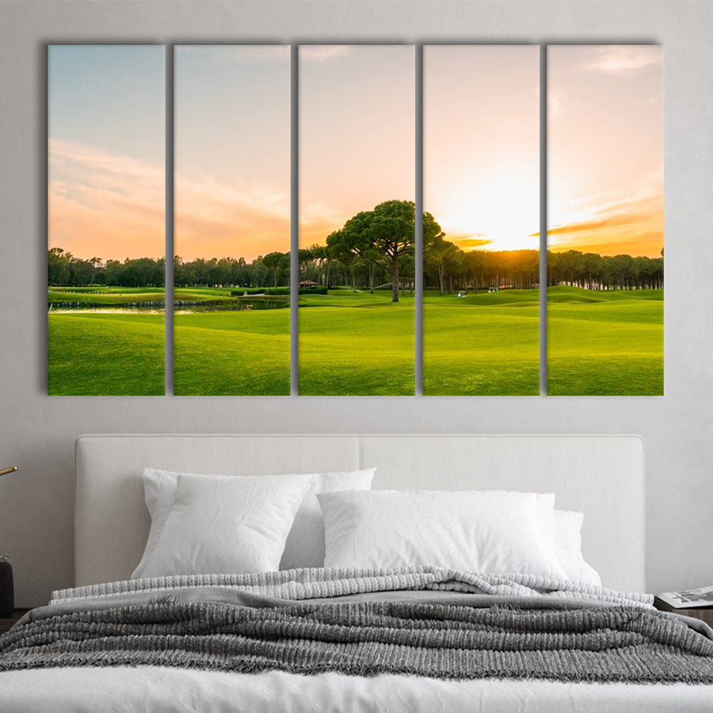 Golf Course At Sunset With Beautiful Sky, Golf Art Print, Extra Large Canvas Print Wall Art
