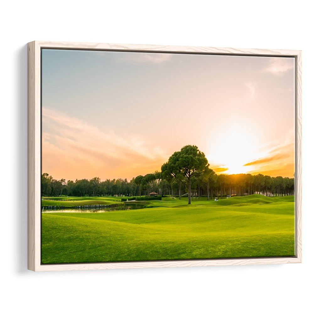 Golf Course At Sunset With Beautiful Sky, Floating Framed Canvas Print Wall Art