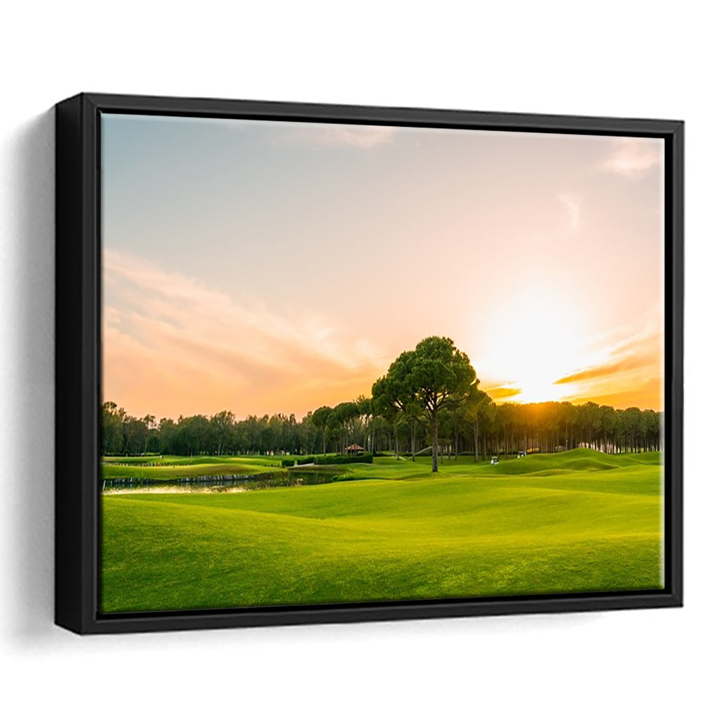 Golf Course At Sunset With Beautiful Sky, Floating Framed Canvas Print Wall Art