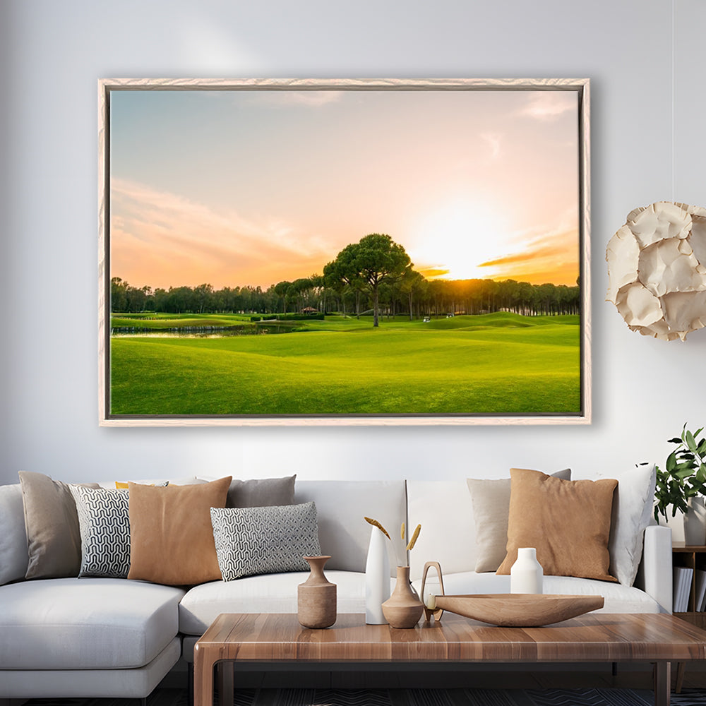Golf Course At Sunset With Beautiful Sky, Floating Framed Canvas Print Wall Art