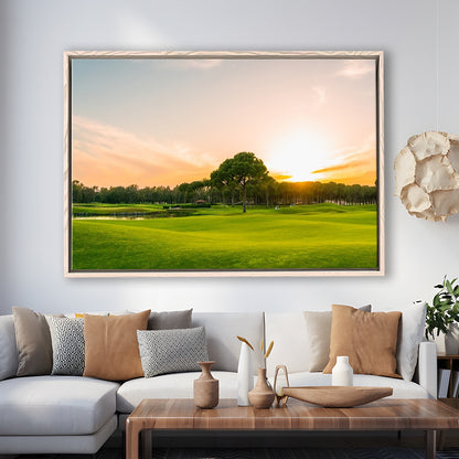 Golf Course At Sunset With Beautiful Sky, Floating Framed Canvas Print Wall Art