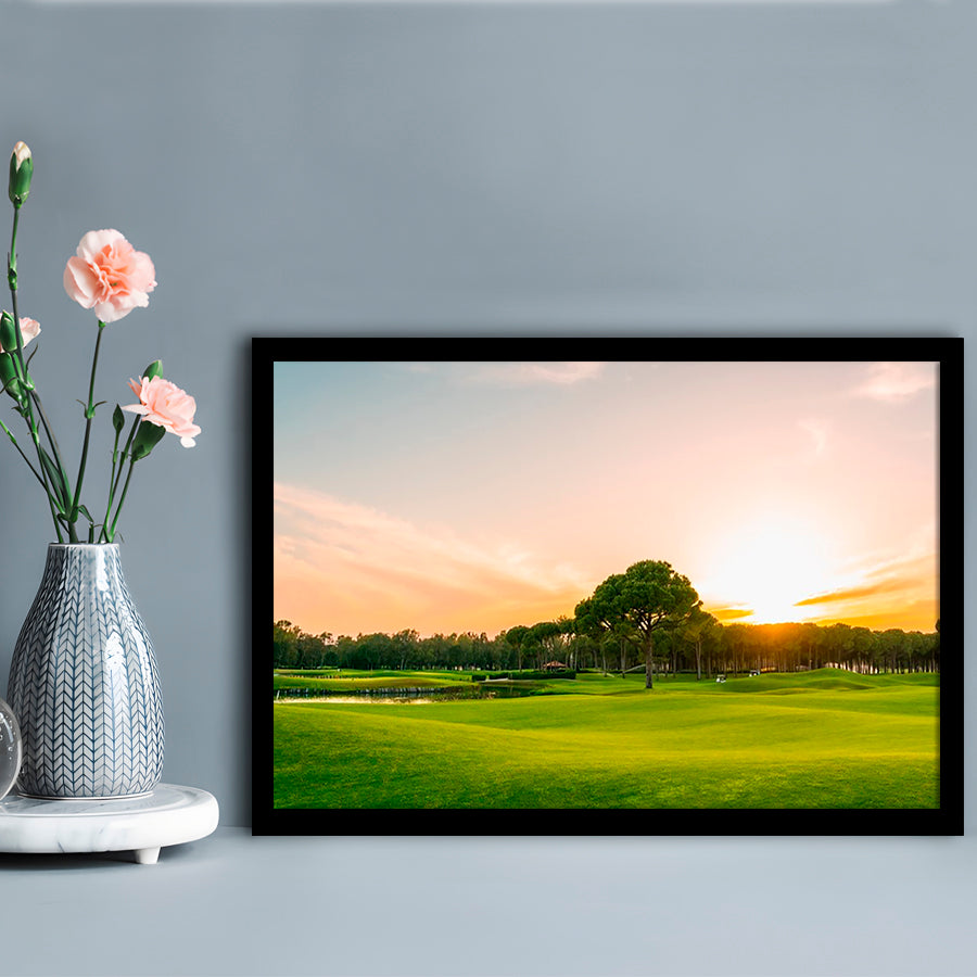 Golf Course At Sunset With Beautiful Sky, Framed Art Print Wall Decor, Picture Framed