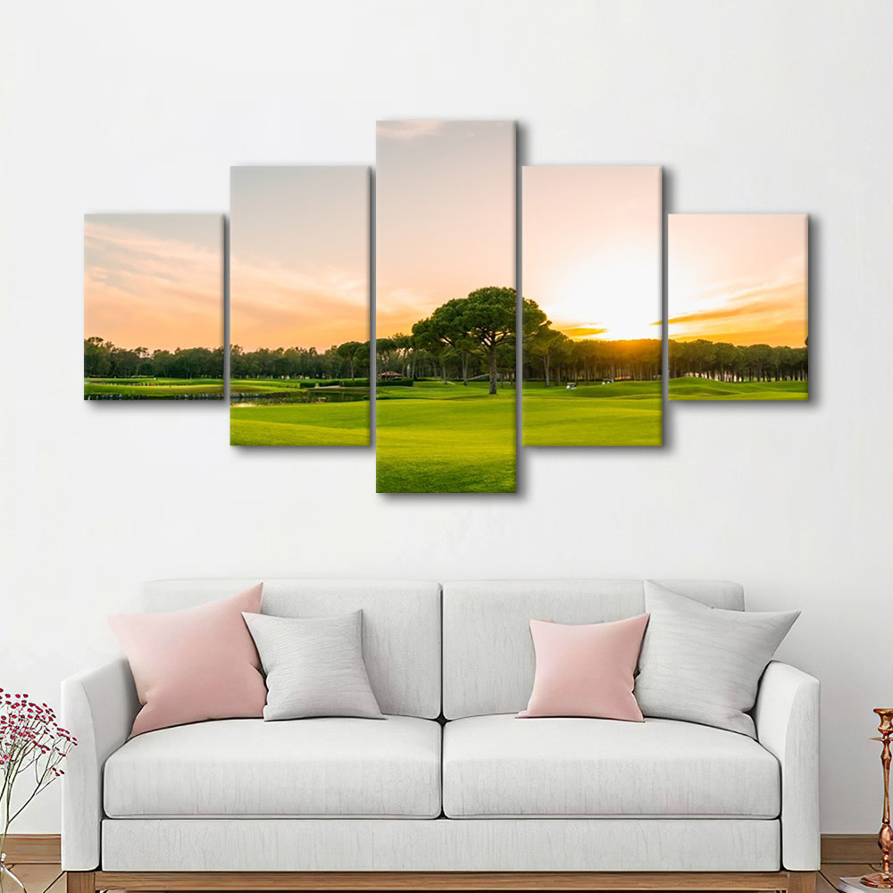 Golf Course At Sunset With Beautiful Sky, Golf Art Print, 5 Pieces Mixed Canvas Print Wall Art