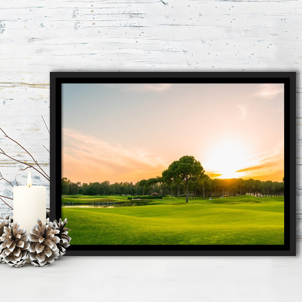 Golf Course At Sunset With Beautiful Sky, Floating Framed Canvas Print Wall Art