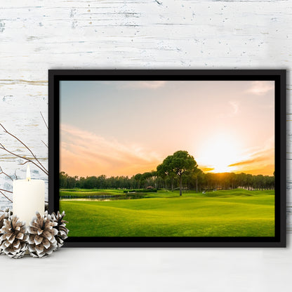 Golf Course At Sunset With Beautiful Sky, Floating Framed Canvas Print Wall Art