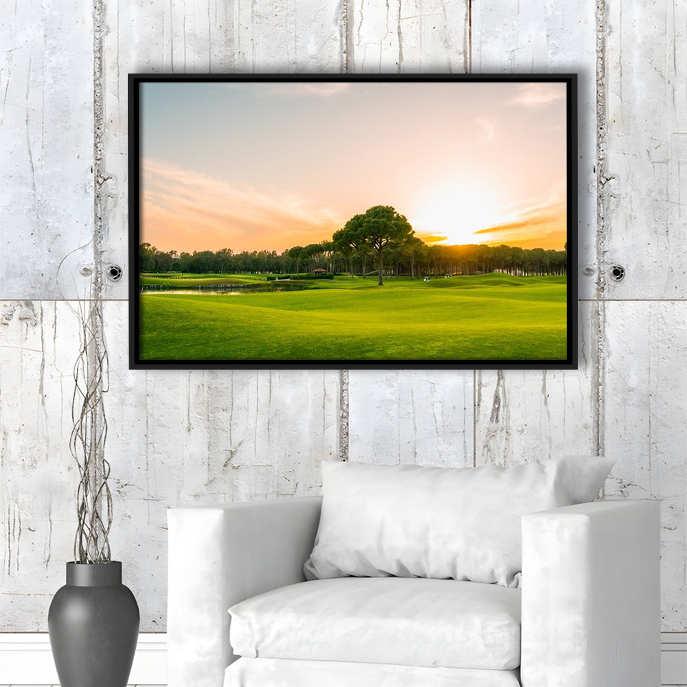 Golf Course At Sunset With Beautiful Sky, Floating Framed Canvas Print Wall Art