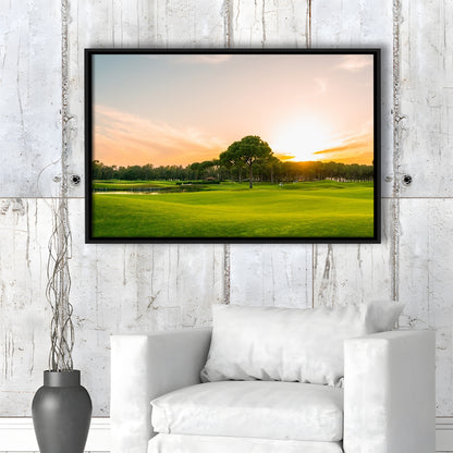 Golf Course At Sunset With Beautiful Sky, Floating Framed Canvas Print Wall Art