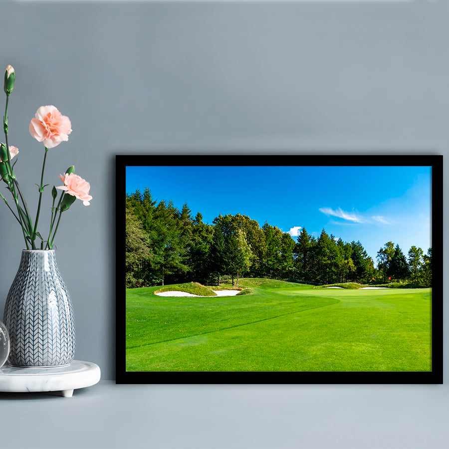 Golf Course With A Rich Green Turf Beautiful Scenery, Framed Art Print Wall Decor, Picture Framed