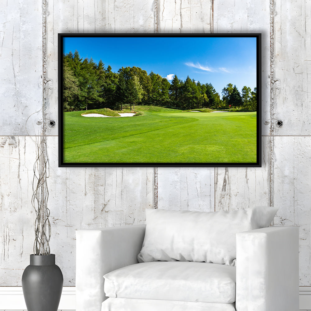 Golf Course With A Rich Green Turf Beautiful Scenery, Floating Framed Canvas Print Wall Art