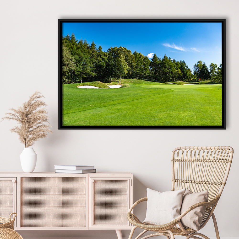 Golf Course With A Rich Green Turf Beautiful Scenery, Floating Framed Canvas Print Wall Art