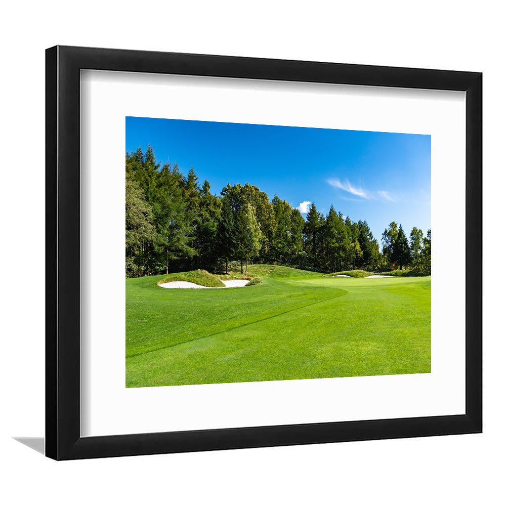 Golf Course With A Rich Green Turf Beautiful Scenery, Goft Art Print, Framed Art Print White Border Wall Decor