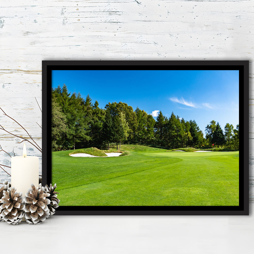 Golf Course With A Rich Green Turf Beautiful Scenery, Floating Framed Canvas Print Wall Art