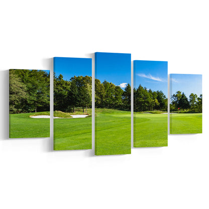 Golf Course With A Rich Green Turf Beautiful Scenery, Golf Art Print, 5 Pieces Mixed Canvas Print Wall Art