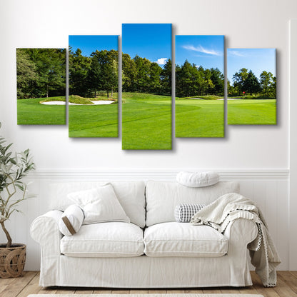 Golf Course With A Rich Green Turf Beautiful Scenery, Golf Art Print, 5 Pieces Mixed Canvas Print Wall Art