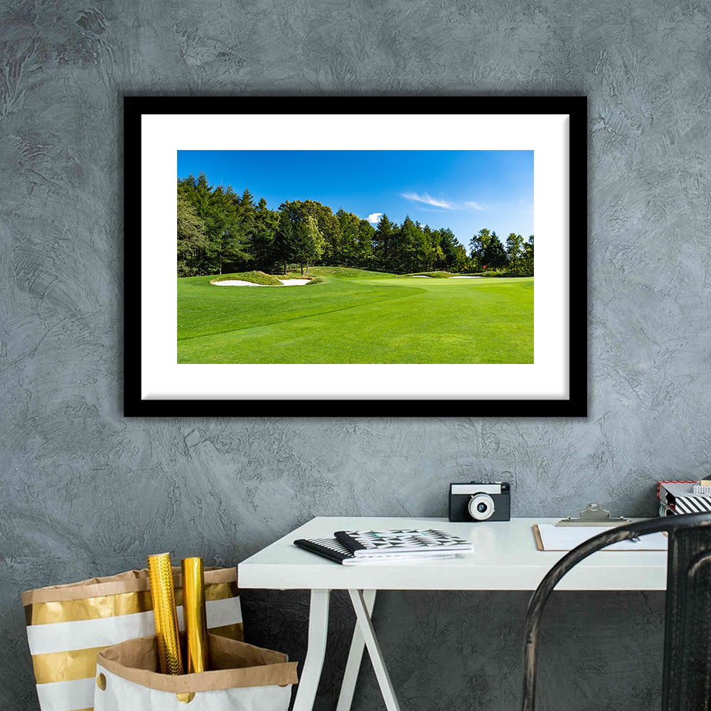 Golf Course With A Rich Green Turf Beautiful Scenery, Goft Art Print, Framed Art Print White Border Wall Decor