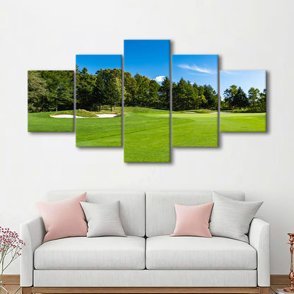 Golf Course With A Rich Green Turf Beautiful Scenery, Golf Art Print, 5 Pieces Mixed Canvas Print Wall Art
