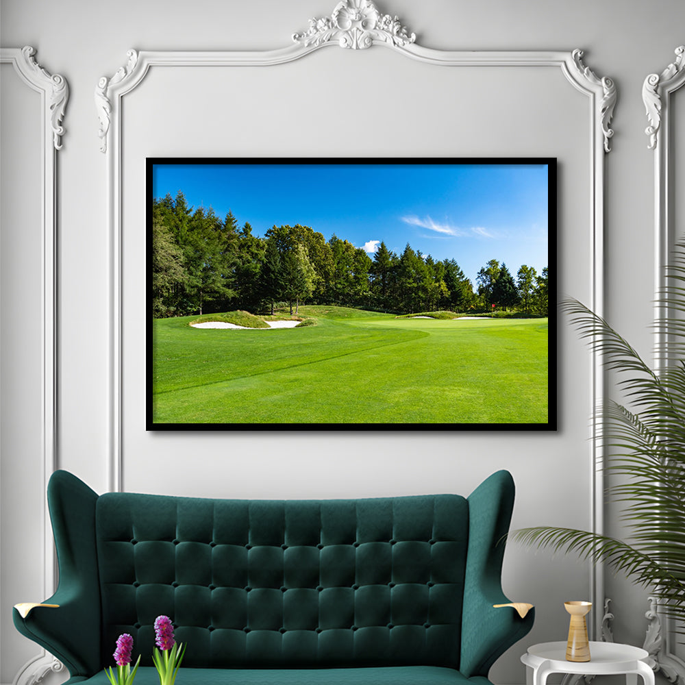 Golf Course With A Rich Green Turf Beautiful Scenery, Framed Art Print Wall Decor, Picture Framed