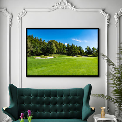 Golf Course With A Rich Green Turf Beautiful Scenery, Framed Art Print Wall Decor, Picture Framed