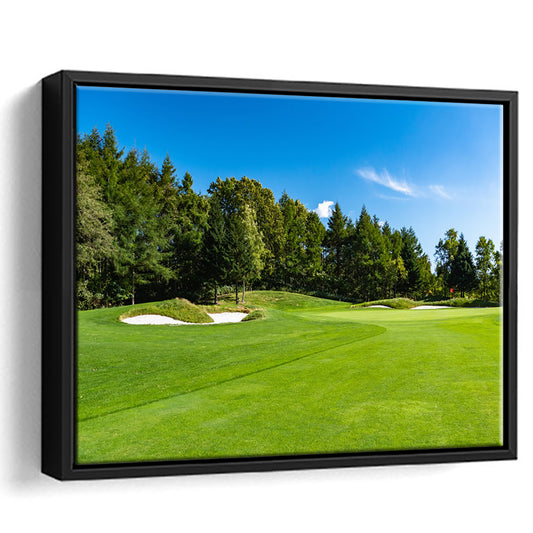 Golf Course With A Rich Green Turf Beautiful Scenery, Floating Framed Canvas Print Wall Art