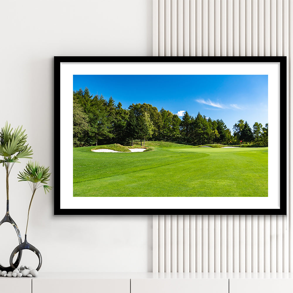Golf Course With A Rich Green Turf Beautiful Scenery, Goft Art Print, Framed Art Print White Border Wall Decor