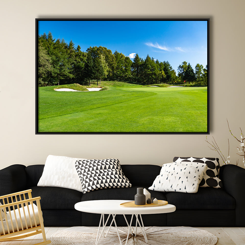 Golf Course With A Rich Green Turf Beautiful Scenery, Floating Framed Canvas Print Wall Art