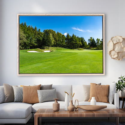Golf Course With A Rich Green Turf Beautiful Scenery, Floating Framed Canvas Print Wall Art