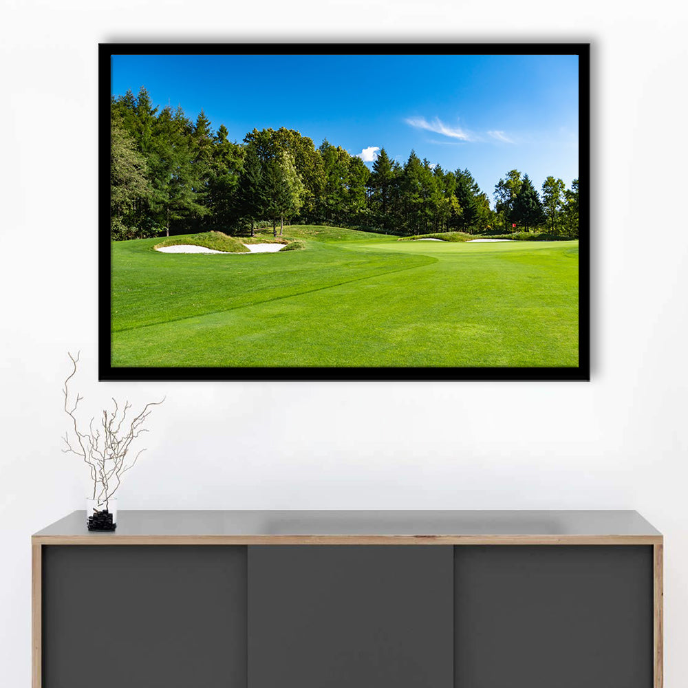 Golf Course With A Rich Green Turf Beautiful Scenery, Framed Art Print Wall Decor, Picture Framed