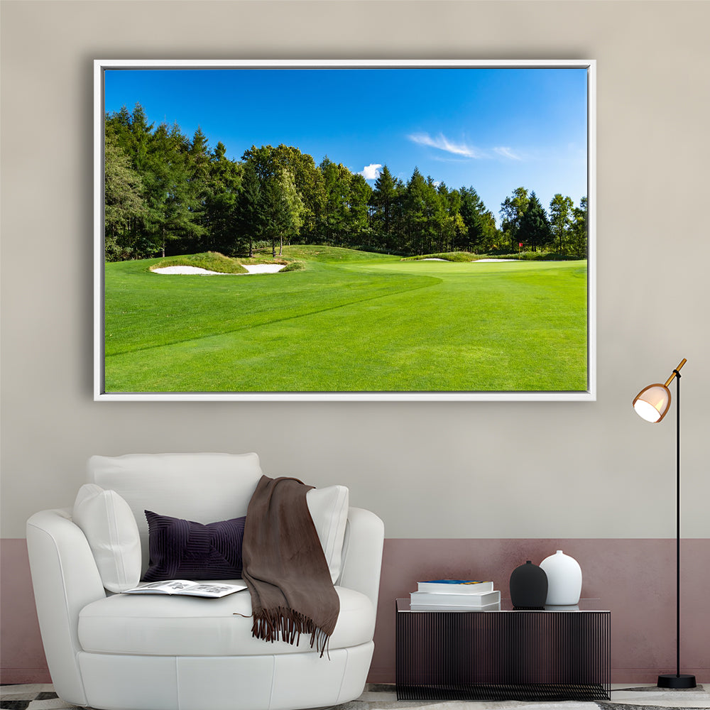 Golf Course With A Rich Green Turf Beautiful Scenery, Floating Framed Canvas Print Wall Art