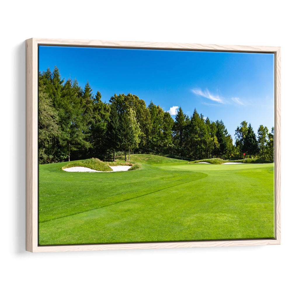 Golf Course With A Rich Green Turf Beautiful Scenery, Floating Framed Canvas Print Wall Art
