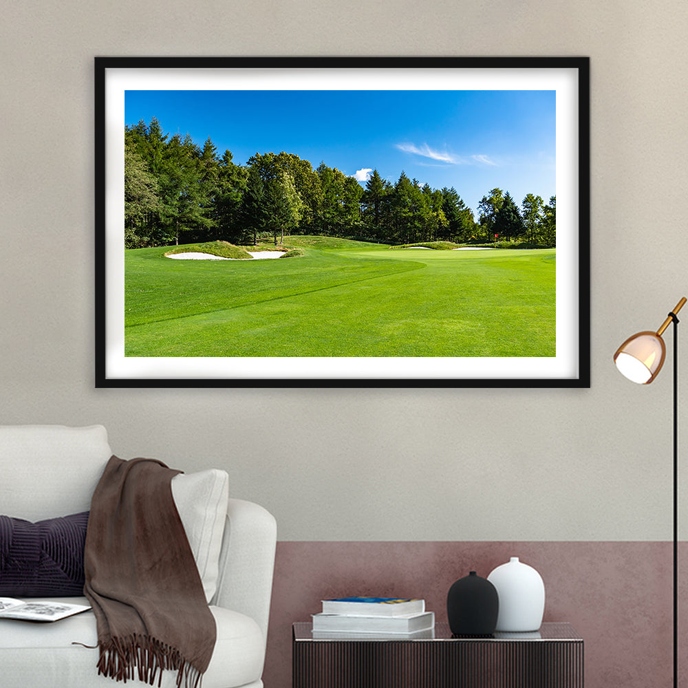 Golf Course With A Rich Green Turf Beautiful Scenery, Goft Art Print, Framed Art Print White Border Wall Decor